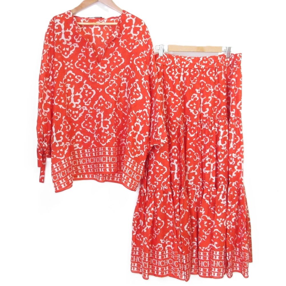 CAROLINA HERRERA キャロライナヘレラ 総柄 シルクブラウス ロングフ スカート セットアップ L オレンジ レディース 古着