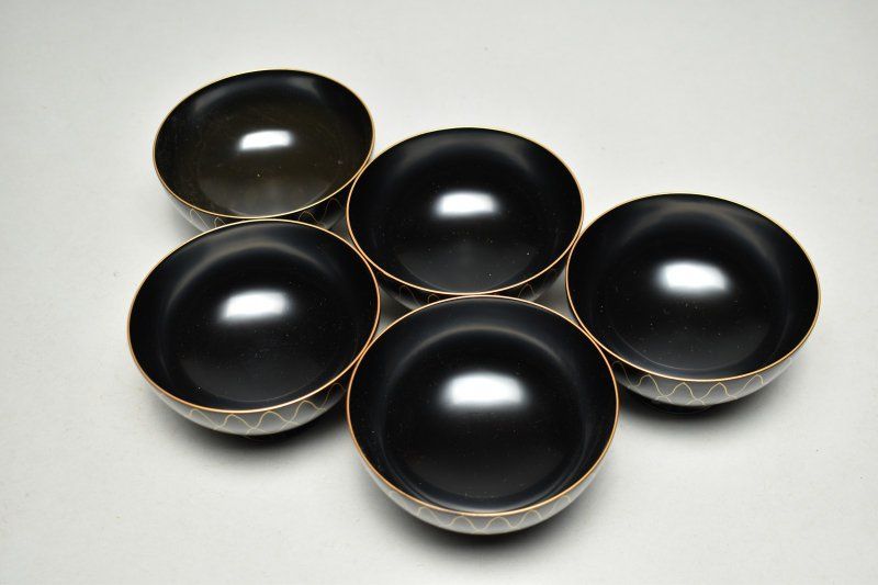 蔵A5572b 輪島塗 濱田屋謹製 網目 吸物椀 汁椀 五客 共箱