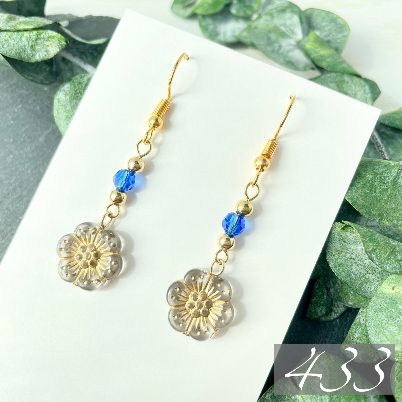 433】ハンドメイド ピアス イヤリング チェコビーズ フラワー クリア 