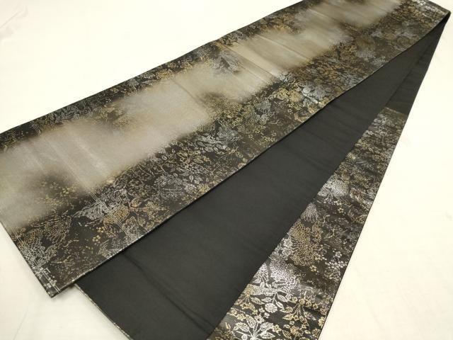平和屋着物▽六通柄袋帯 草花間道 黒地 引箔 正絹 逸品