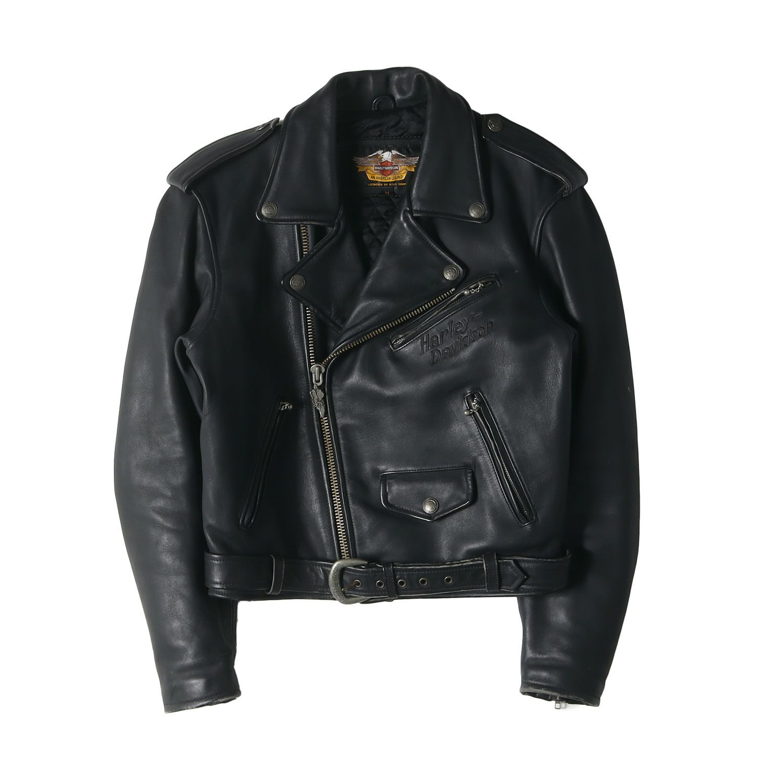 HARLEY-DAVIDSON ハーレーダビッドソン ジャケット サイズ:M 90s エンボス イーグルロゴ レザー ダブル ライダースジャケット ブラック 黒 アウター ブルゾン 上着【メンズ】