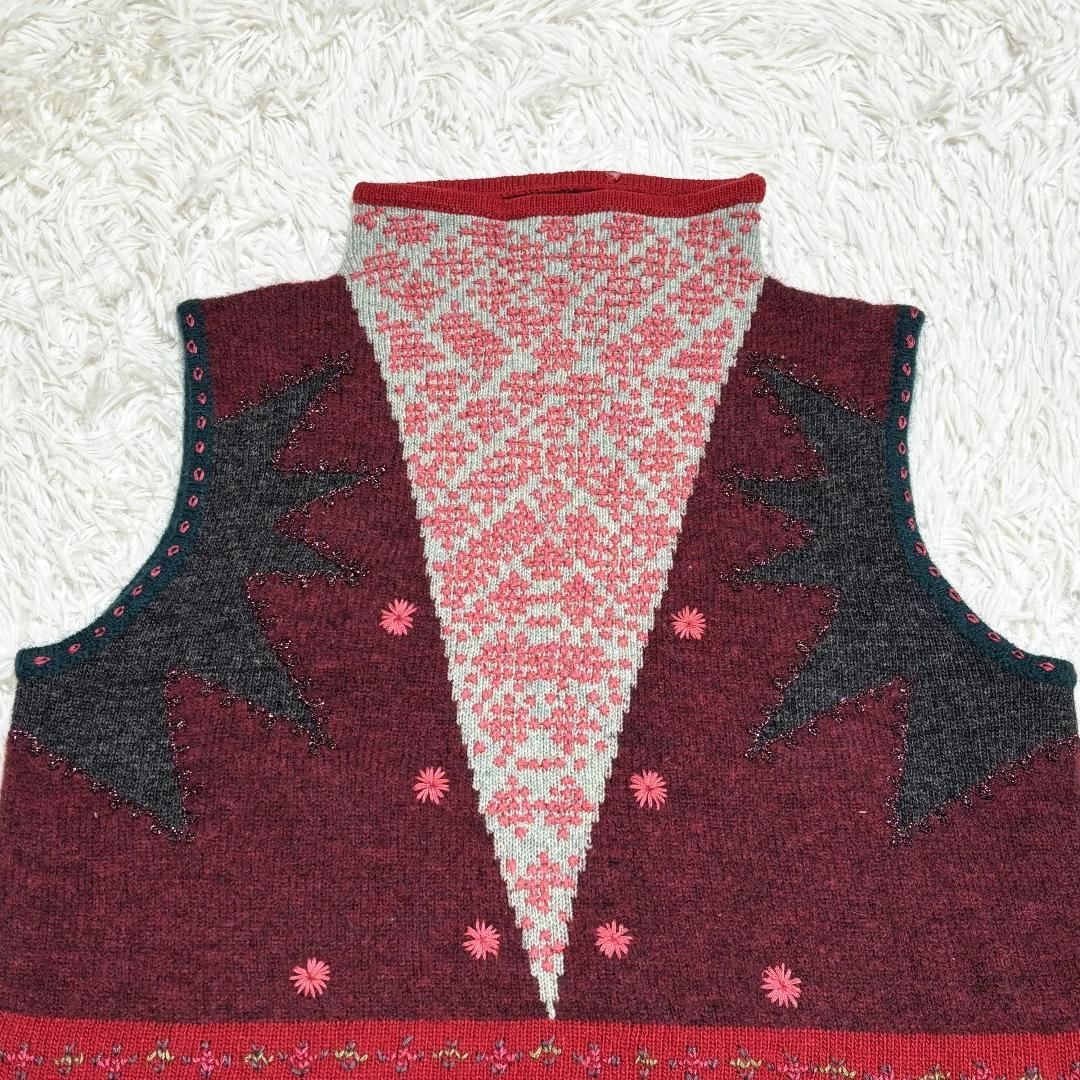 KENZO ハイネック ベスト 羊毛 ウール ラメ刺繍 レッド 総柄