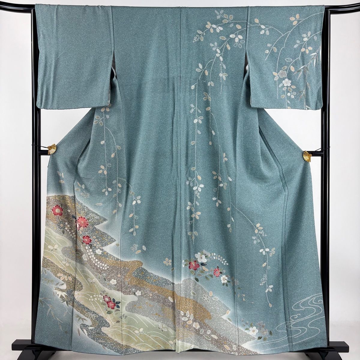 訪問着 身丈160cm 裄丈65cm M 袷 蝶 草花 金彩 ぼかし 青緑 正絹 名品 【】