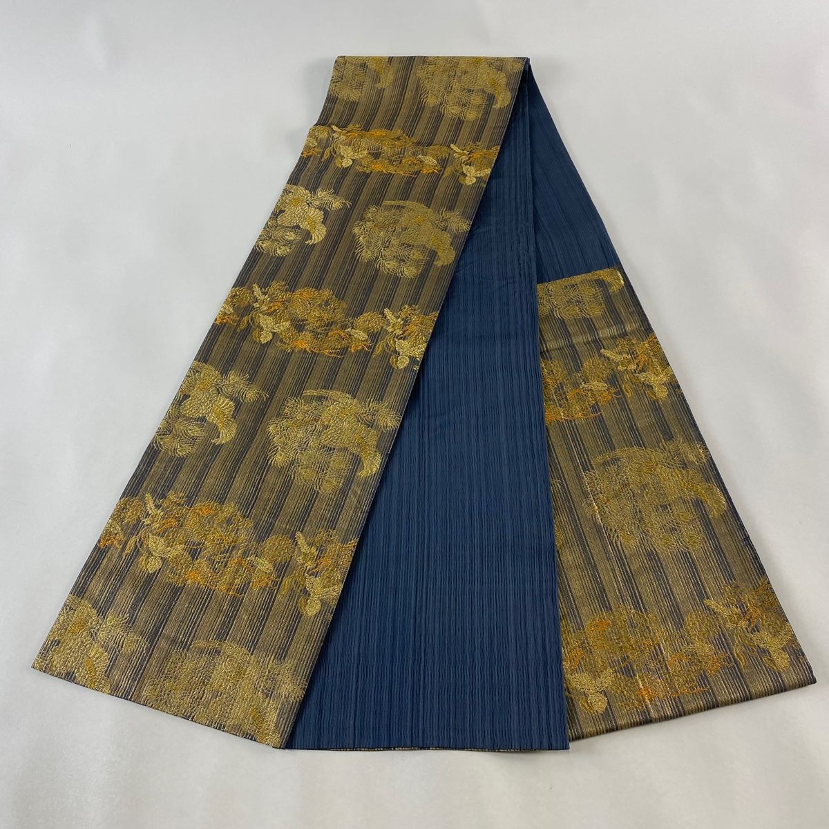 売れ筋がひ新作！ 逸品 袋帯 落款 正絹 六通 青灰色 箔 金糸 縞 鳳凰 御寮織 着物・浴衣