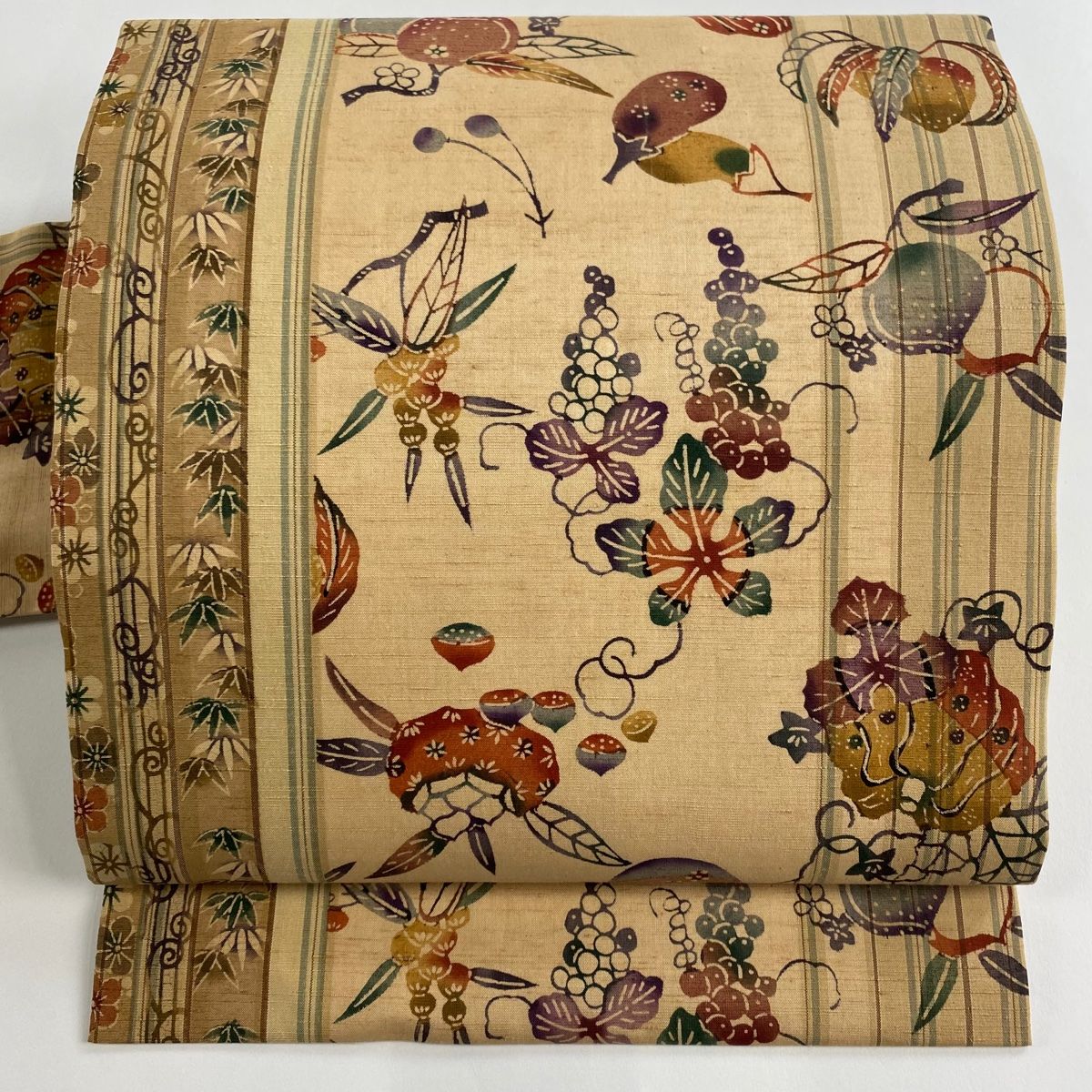 名古屋帯 秀品 紬地 生り物 縞 薄茶色 正絹