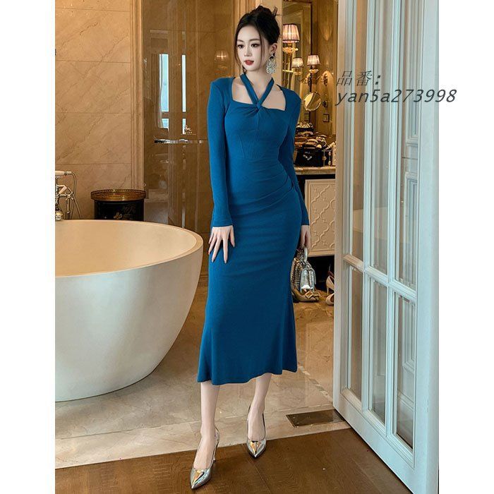 ネックストラップ 長袖シンプルロングタイトドレスワンピース 水色 パーティー キャバ スナック 服 レディース 韓国 yan5a273998