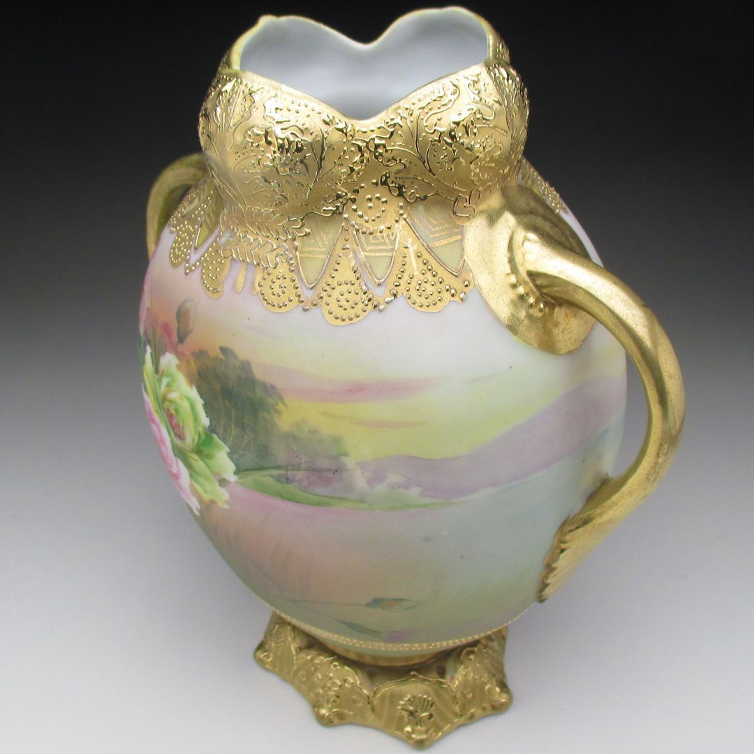 大型 オールドノリタケ 金盛 盛上 花瓶 水差し 風景 里帰り 金彩