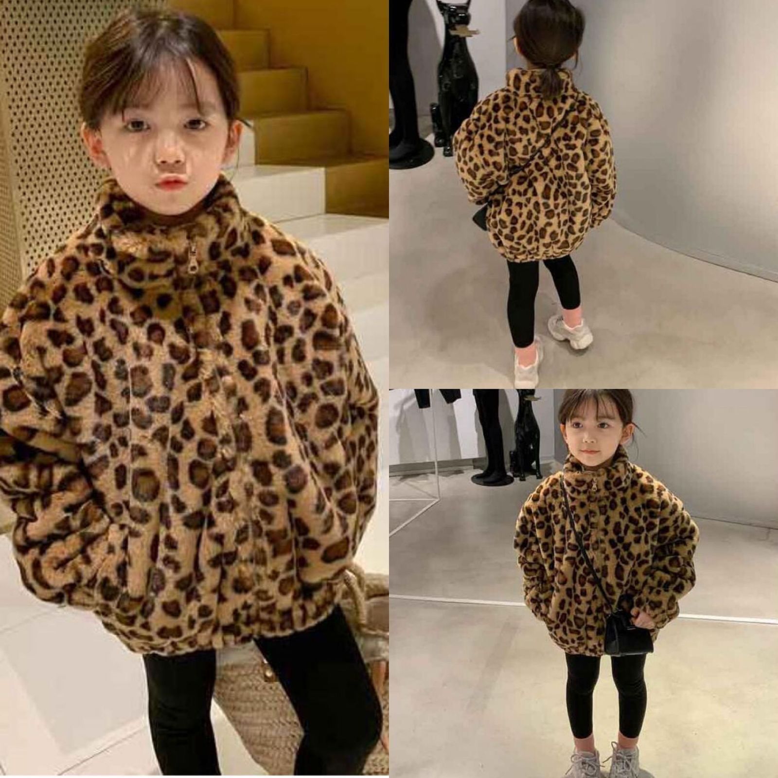 ボアジャケット キッズ 子供 女の子 ジュニア アウター ファー ボア ジャケット 子供服 ボアコート 立ち襟 もこもこ ヒョウ柄 厚手 こども お出かけ 男女兼用 防寒 暖かい 普段着 通園 通学 he