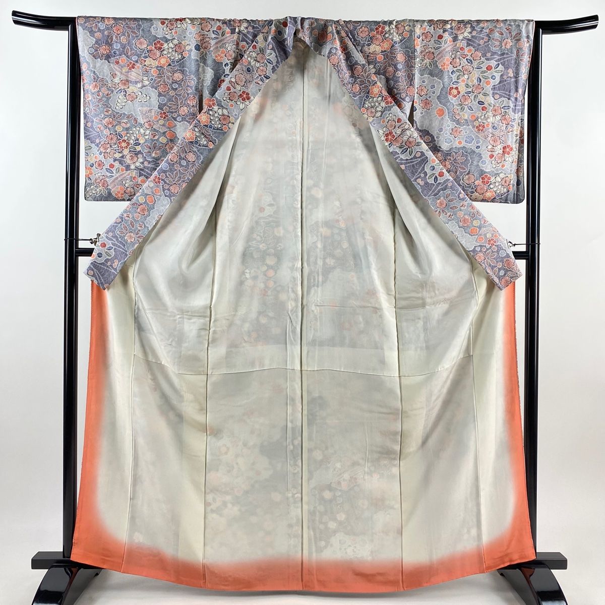 小紋 身丈164.5cm 裄丈66cm M 袷 桜 扇面 絞り 灰紫 正絹 秀品