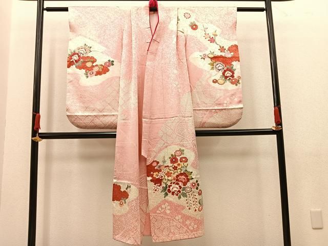 603ag31□七五三 七歳 女児 着物&袋帯 金彩 花に組紐□美品 七五三 7歳