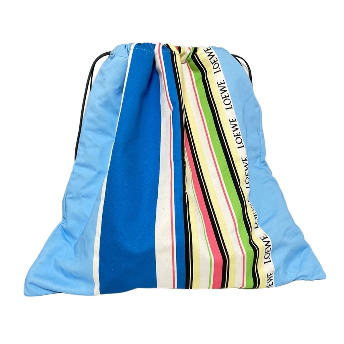 LOEWE ロエベ ポーチ ドローストリングポーチ ライトブルー×ブルー×マルチ ストライプ 巾着型 コットン レザー