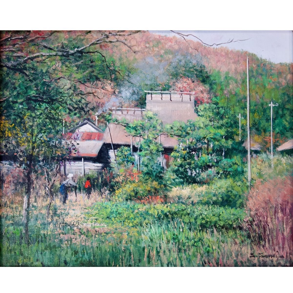 油彩画 澤井進 「美山」 F6号 油絵 額入り 風景画 真筆 肉筆画 手描き 京都 かやぶきの里 茅葺き屋根 農山村 観光名所 お婆さんと孫 みやま  沢井進 YE167 - メルカリ