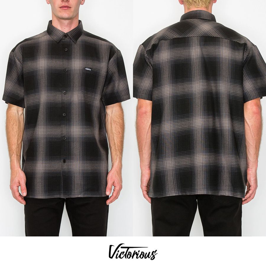 VICTORIOUS LA PLAID SHIRTS CHARCOAL M L XL 西海岸 ウェッサイ チカーノ オンブレ オンブレチェック チェックシャツ プレイドシャツ オープンシャツ ボタンシャツ 半袖 ショートスリーブ