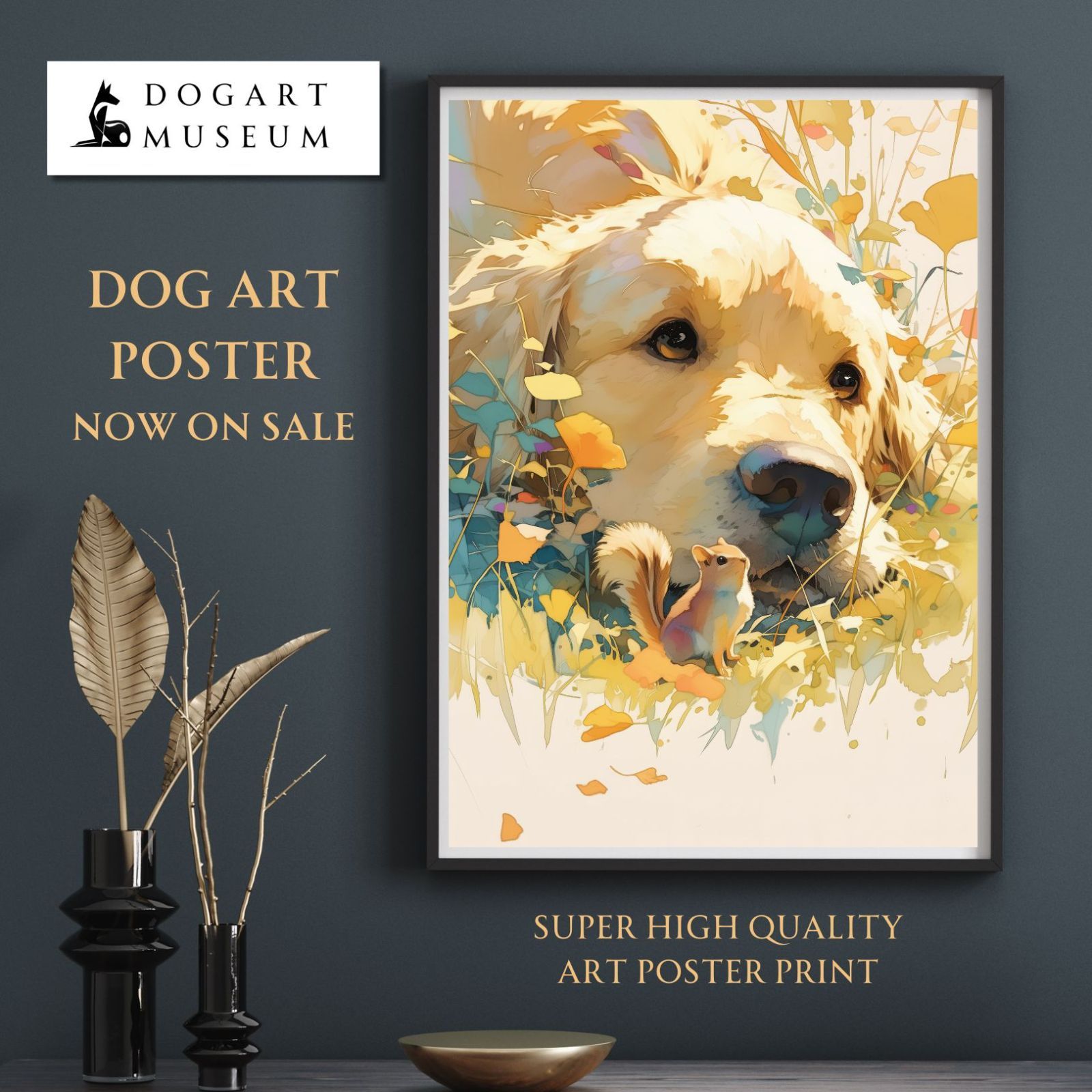 栗鼠犬戯舞 - ゴールデンレトリバー犬の子犬 No.3 リス 紅葉 秋 子犬 ペットロス うちの子記念日 アートポスター 犬の絵 犬のイラスト