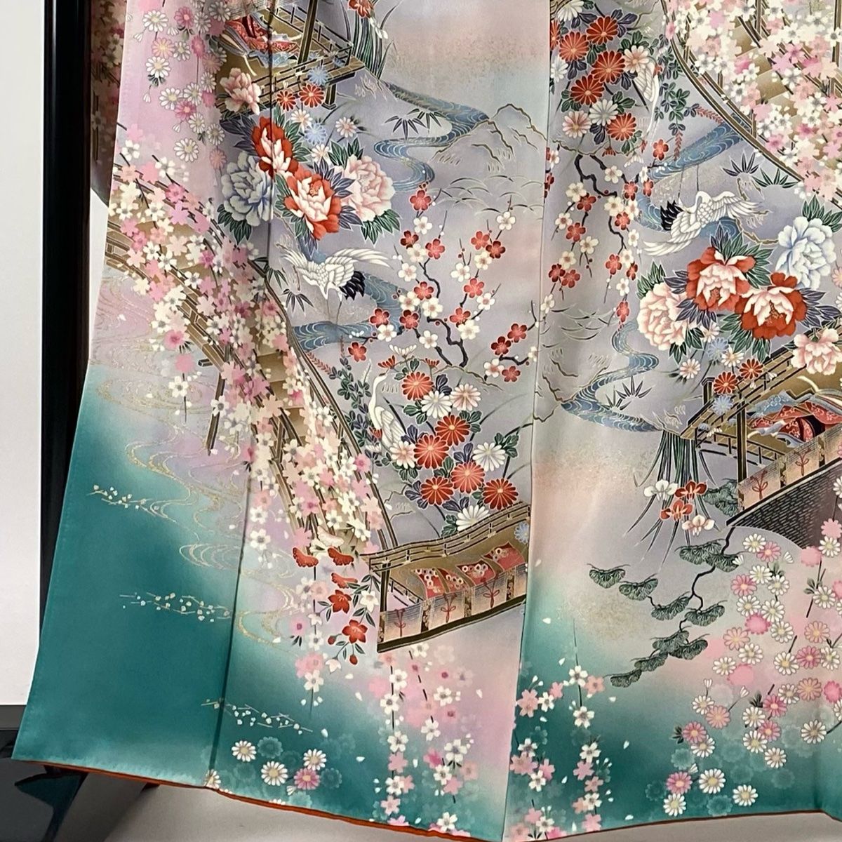 振袖 身丈164cm 裄丈69cm L 袷 草花 鶴 金銀彩 ぼかし 緑 正絹 秀品