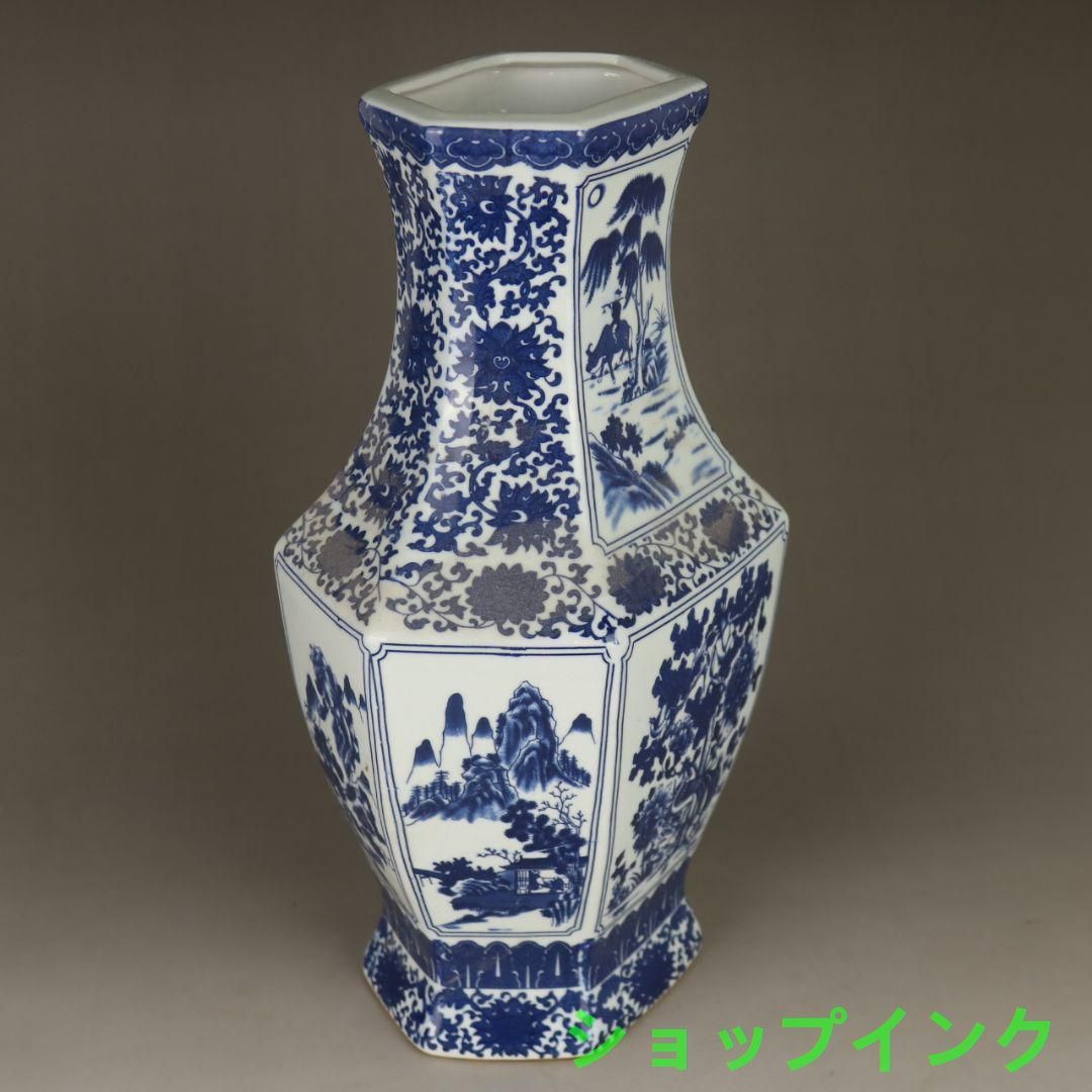 中国美術 青花山水花鳥紋六方扁瓶 景徳鎮 陶磁器 装飾品 工芸品