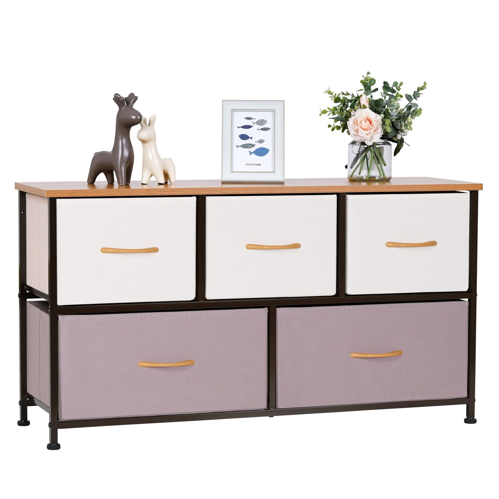 簡単組立 リビング 引き出し 衣類収納 布製 一人暮らし おもちゃ箱 ２段５杯 収納 木材 テレビ台 和風 チェスト 幅100×奥行30×高さ54.5 LYNCOHOME cm