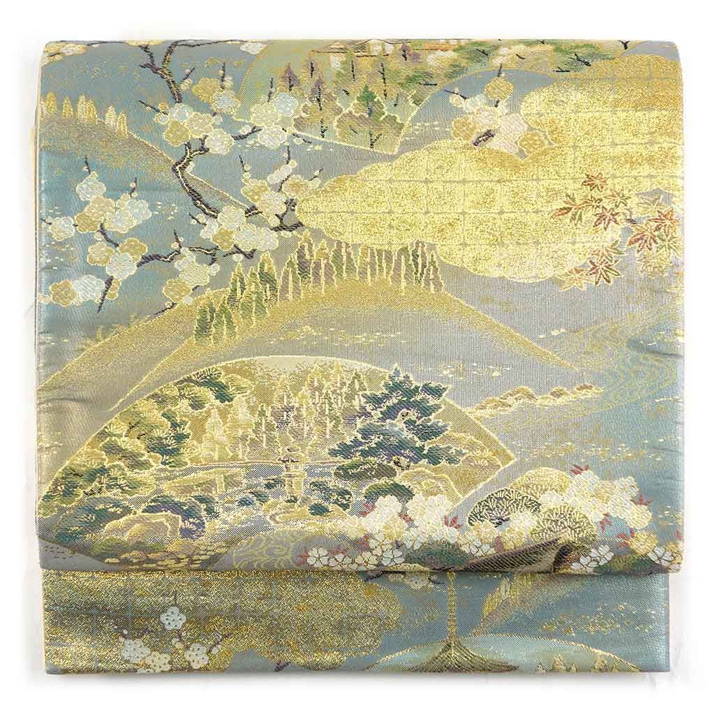 袋帯 幅30cm 長さ425cm レディース 扇面 秋冬春用 正絹 シルク シルバー ♥品 リメイク リユース リサイクル 呉服のきくや