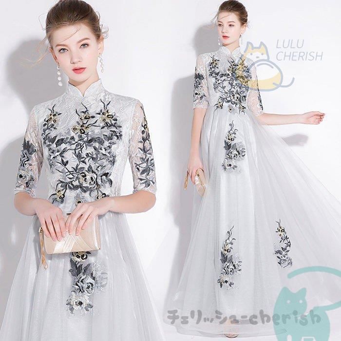 ☘️ ロングドレス 演奏会 大人 ドレス 袖あり マキシ丈 パーティードレス 結婚式 ワンピース 発表会 チャイナドレス パーティドレス 二次会 hTN