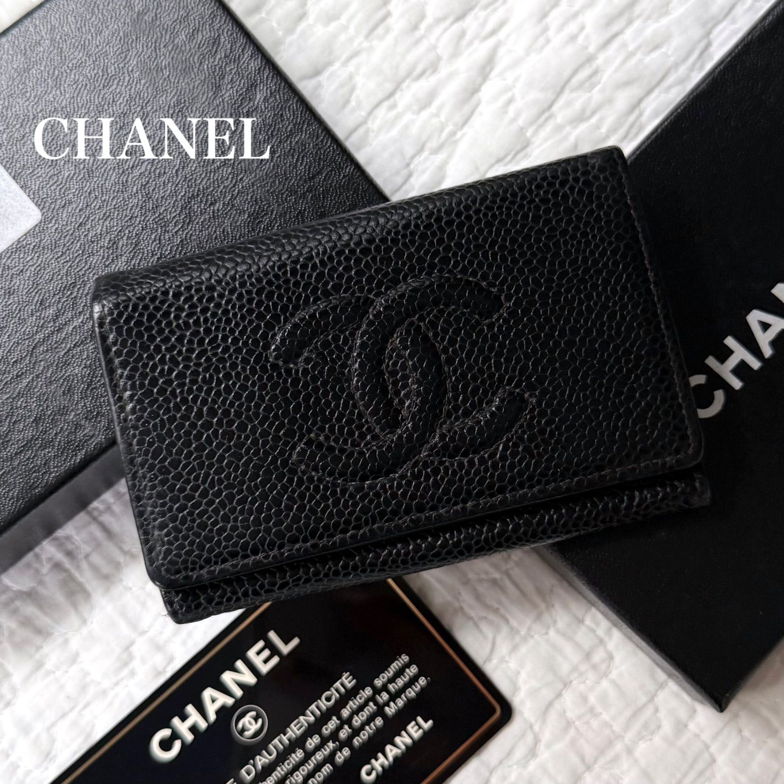 良品 CHANEL シャネル レザー6連キーケース ブラック 箱付き CHANEL シャネル ブラック キャビアスキン 6連キーケース ココ