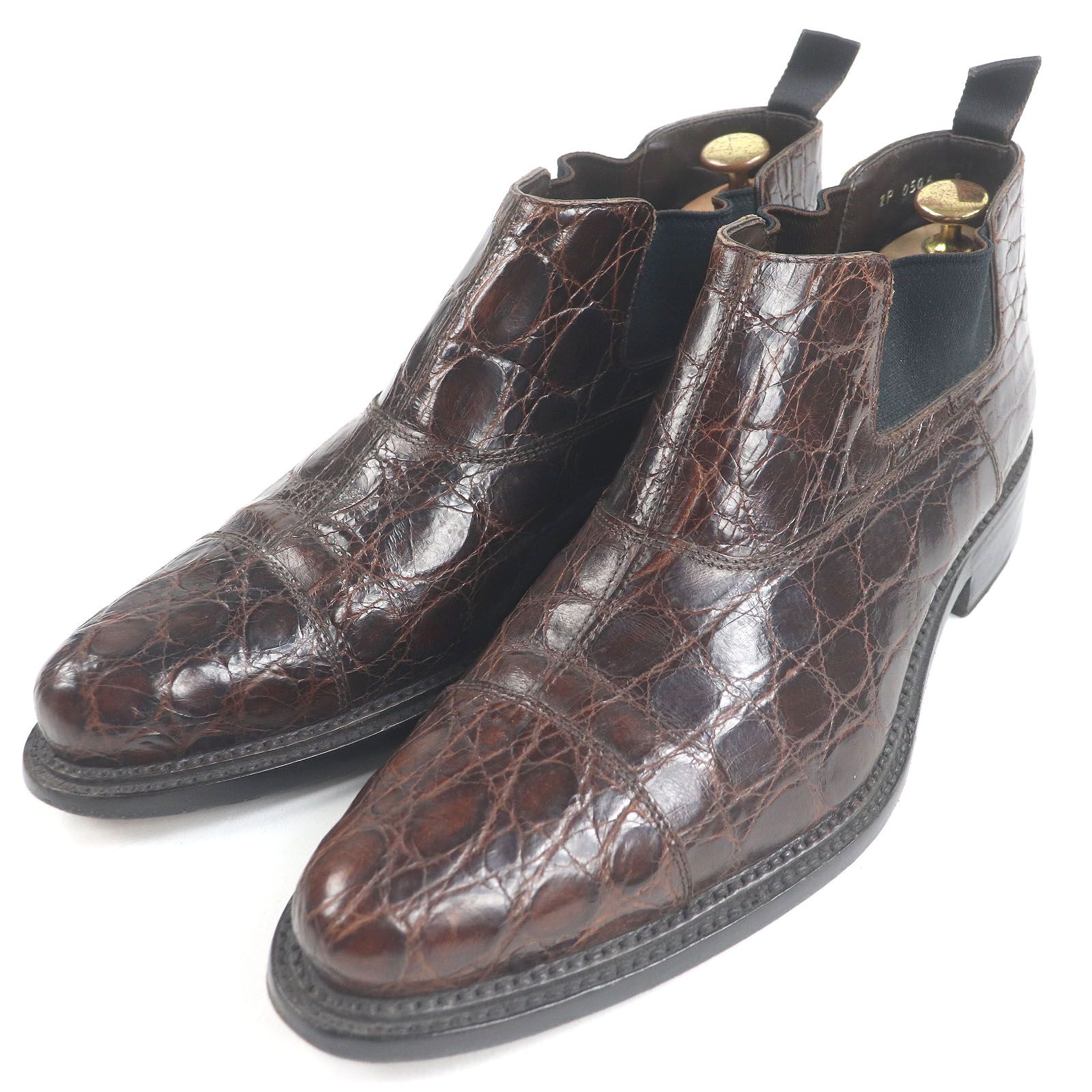 □PRADA プラダ クロコダイルレザー キャップトゥ ストレートチップ レザー サイドゴアブーツ ショートブーツ ダークブラウン 8 イタリア製 メンズ