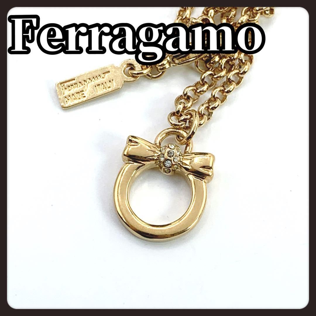 希少 Ferragamo フェラガモ ネックレス ガンチーニ りぼん ゴールド 