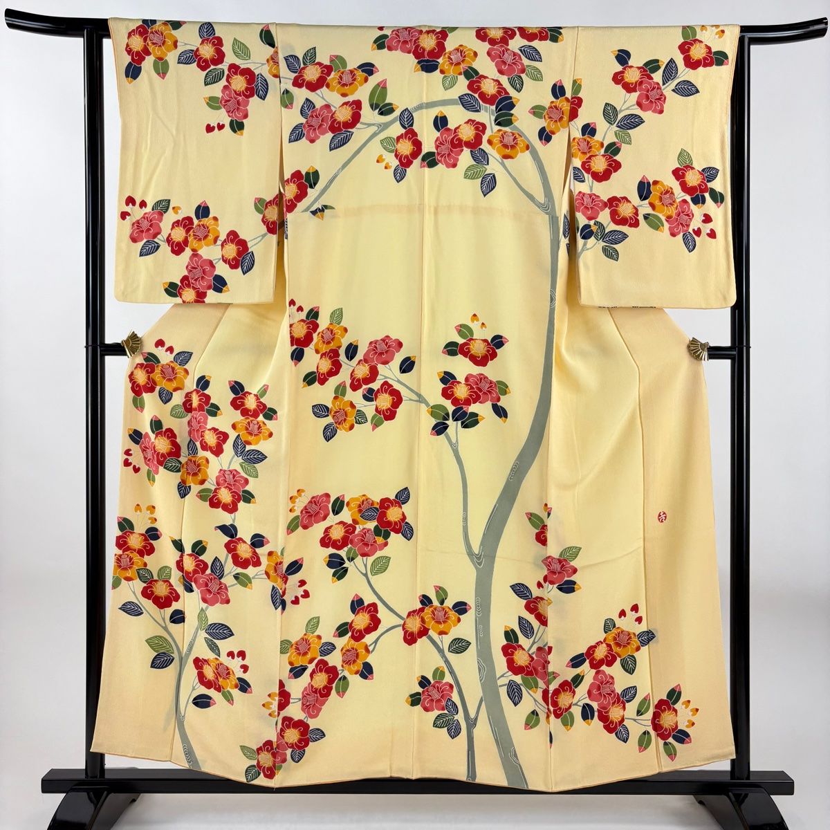 訪問着 身丈155cm 裄丈63cm S 袷 落款 椿 薄オレンジ 正絹 秀品