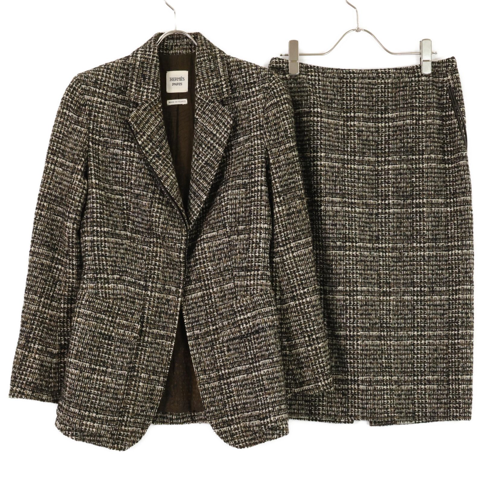 HERMES エルメス | 正規 カシミヤ混 ツイード ロングジャケット|スカート 36