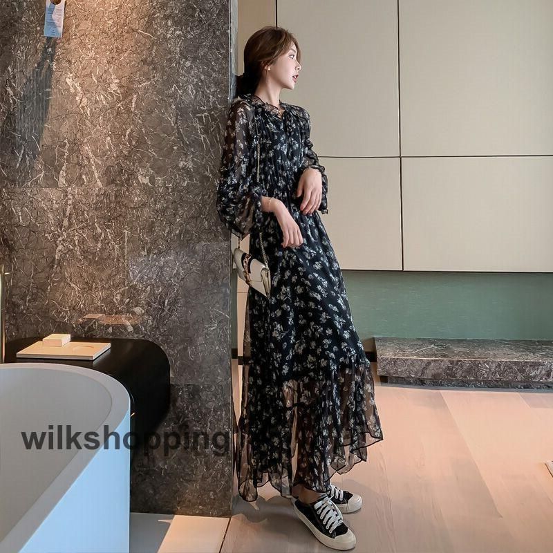 シースルー 花柄 ワンピース レディース ロングワンピース 長袖