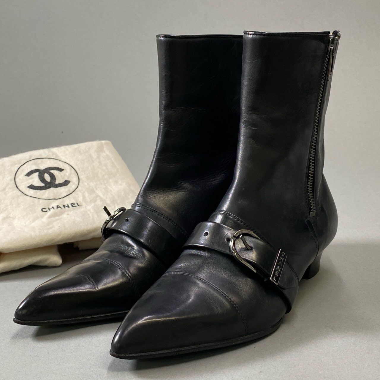 1j3 CHANEL シャネル ピンバックルロゴベルト レザーブーツ 35 1|2 ブラック Leather サイドジップ ココマーク シューズ 保存袋有t18r