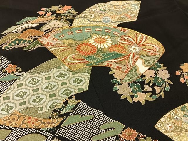 逸品❇️有名作家落款入り手描友禅金彩刺繍‥豪華正絹黒留め袖❇️フルセット 千總謹製 落款入 黒留袖 仮絵羽 未仕立て品 金駒 手刺繍 金彩 八