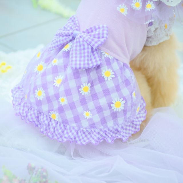 きゃんナナ フラワーギンガムワンピース ラベンダー SS タグ付き 犬服 CanNana 【きゃんナナ】フラワーギンガムワンピース ラベンダー