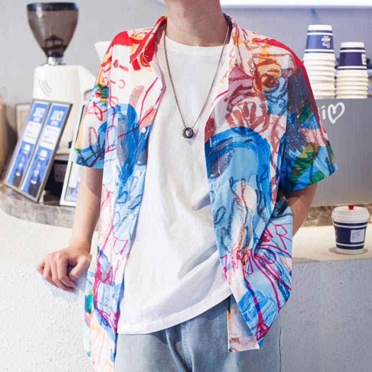 総柄シャツ 半袖 メンズ 半袖シャツ マルチ柄 総柄 開襟シャツ