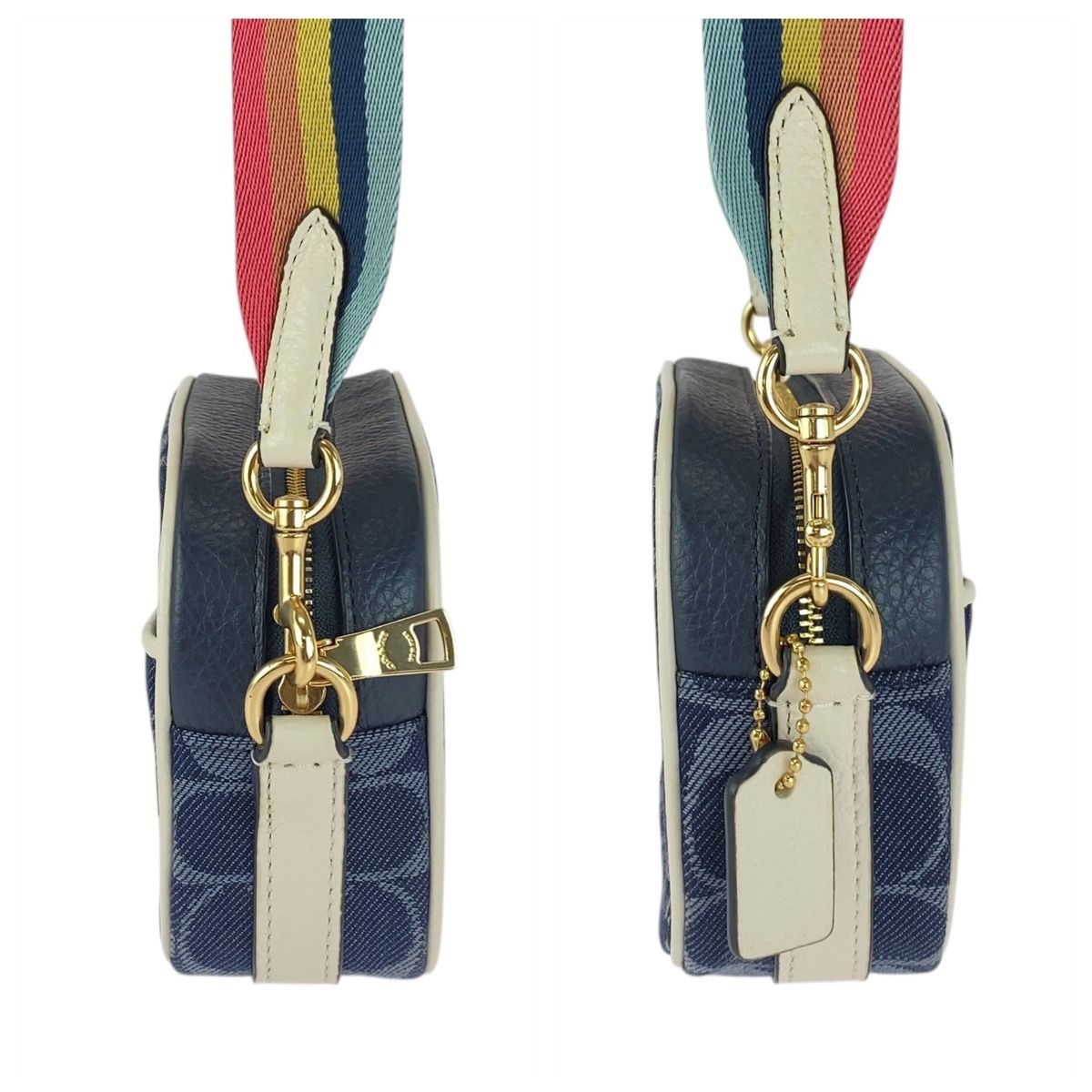 美品 COACH コーチ シグネチャー ネイビー ホワイト ゴールド金具 キャンバス/レザー E2111-C4583 ショルダーバッグ ポシェット 504995【】