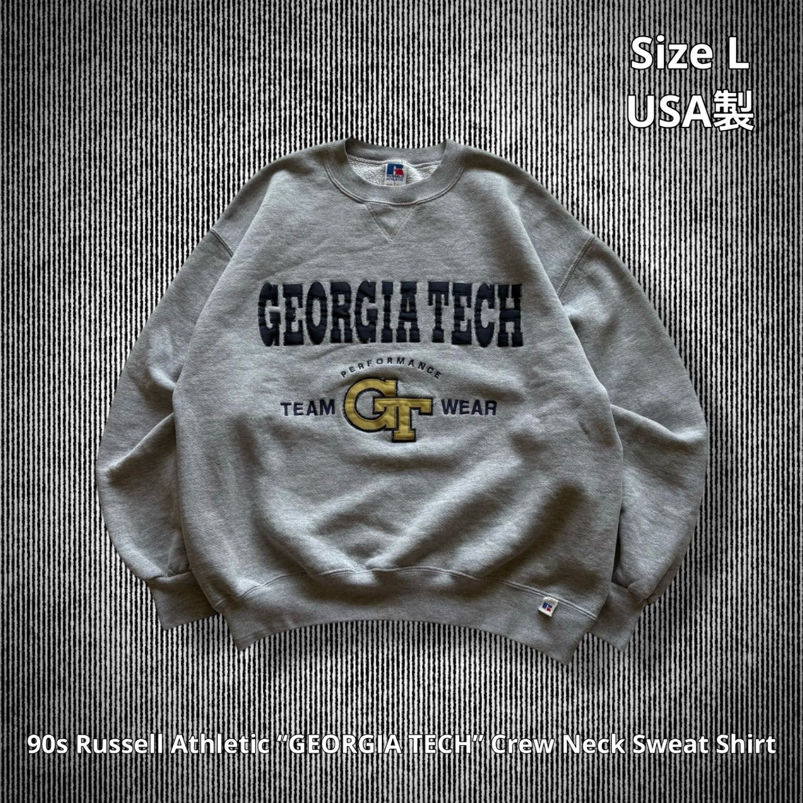 90s Russell Athletic GEORGIA TECH” Crew Neck Sweat Shirt ラッセルアスレティック ジョージア工科大学 ジョージアテック クルーネックスウェット グレー Lサイズ 米国製 前V カレッジスポーツ
