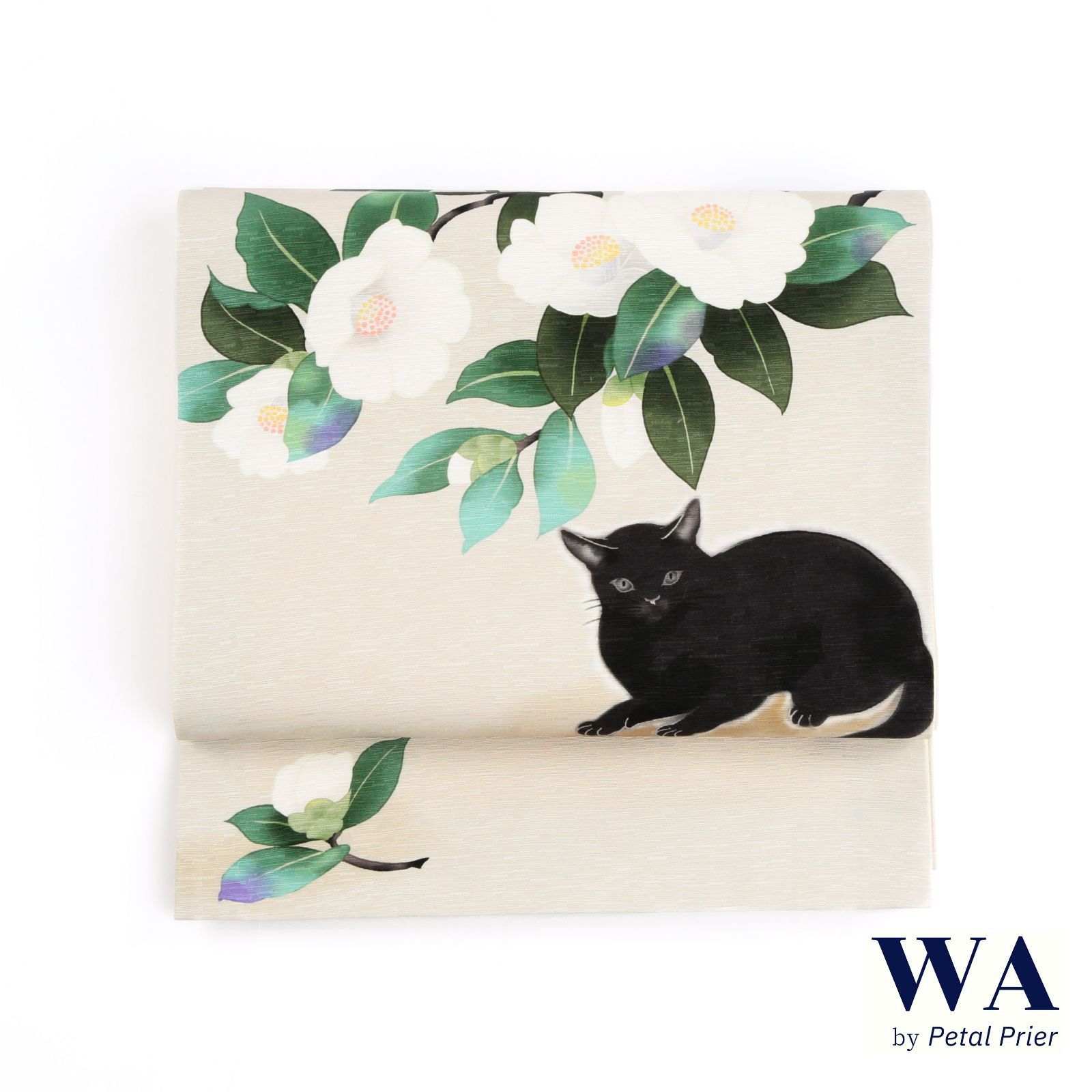 再入荷 . WAKKA 正絹 京袋帯 椿 猫十郎 ベージュ お仕立て上がり 着物 帯 カジュアル 一重太鼓 OB-59