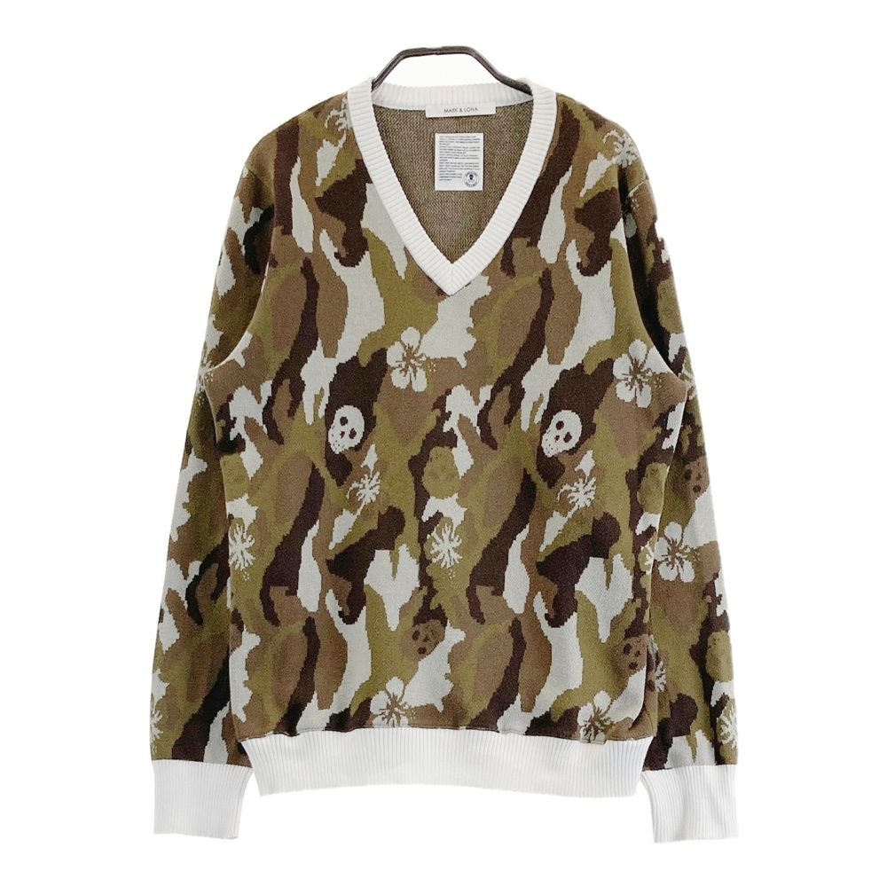 サイズ L MARK-LONA マークアンドロナ Vネック ニットセーター 迷彩柄 カモフラ カーキ系 240101528355 ゴルフウェア メンズ ストスト