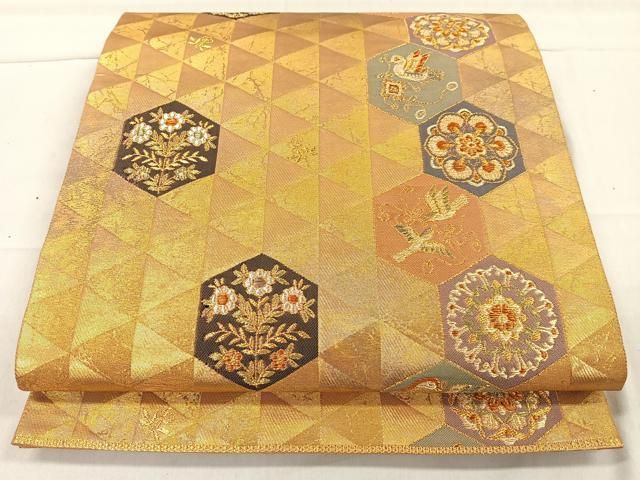 平和屋着物◎六通柄袋帯 扇面花鳥文 金糸 引箔 正絹 逸品 CAAP8254ft