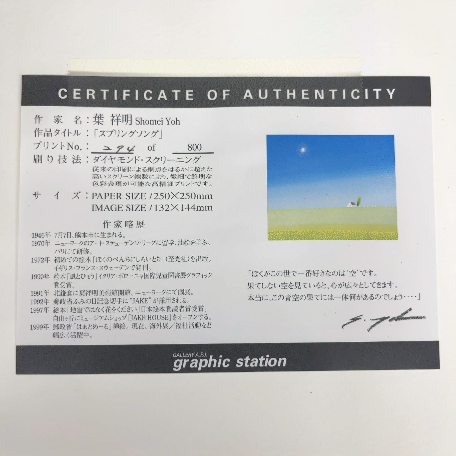 葉祥明 リトグラフ 「スプリングソング」294/800 額装