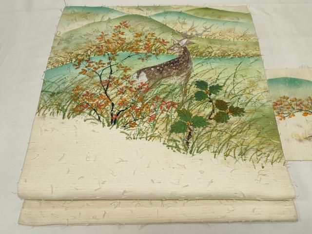 平和屋着物●九寸名古屋帯 作家物 手描き 髭紬 動物草花文 正絹 CAAZ6401dy