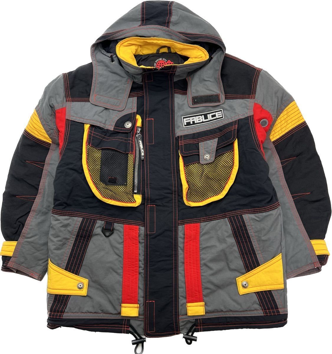 90s FABLICE イケてるデザイン◎ スキーウェア ジャケット グレー ブラック イエロー レッド LL ストリート 人気 ファブリス S2321