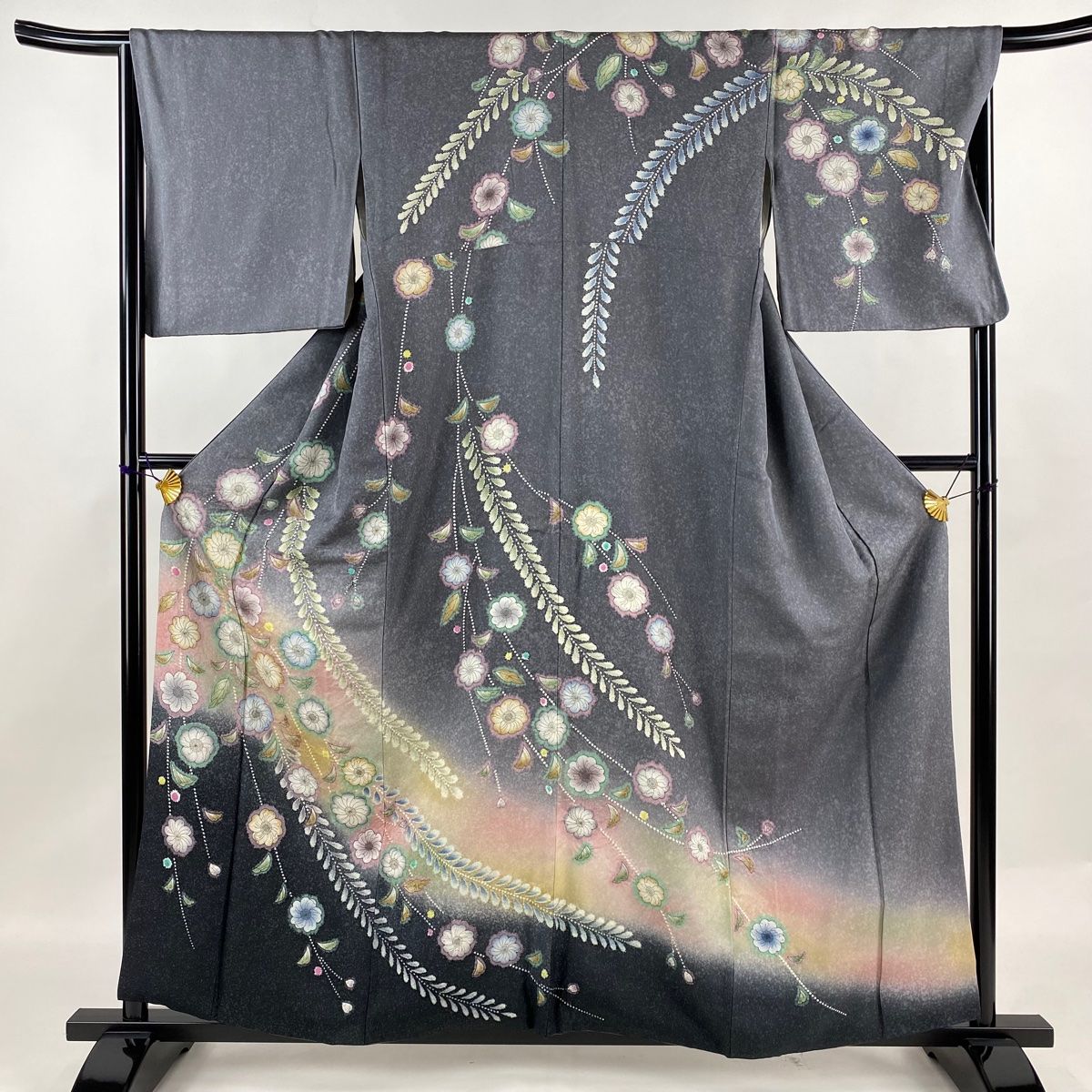 訪問着 身丈159.5cm 裄丈66cm M 袷 辻ヶ花柄 銀通し ぼかし 灰色 正絹 名品