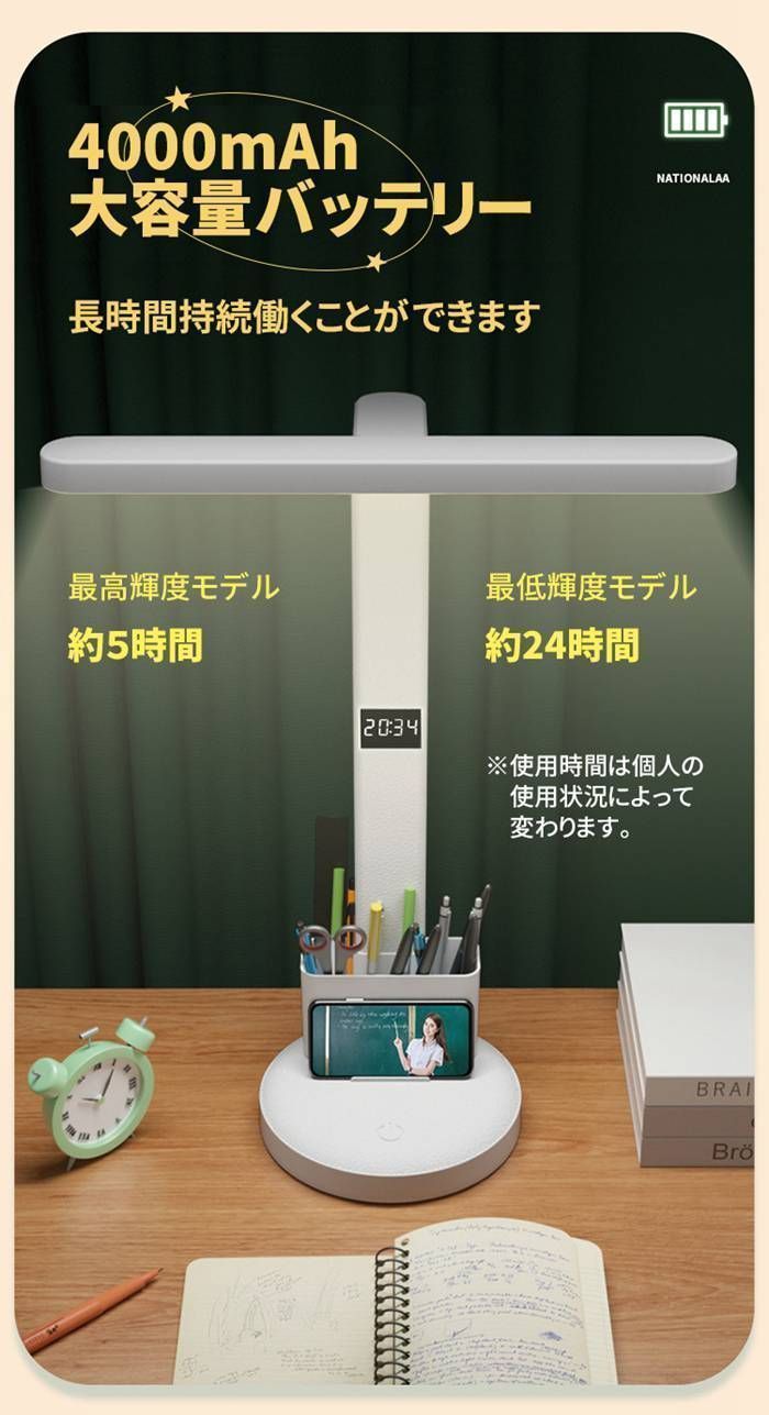 デスクライト LED 目に優しい デジタル時計付 無段階調光 3段調色 多角度調整 広角拡散光 スタンドライト 卓上ライト スタンド デスクトップライト USB充電式 給電式 2WAY ペン入れと時計付きで 読書灯 勉強 仕事 学習 JWRt290 NEXPOTALLINN_EU
