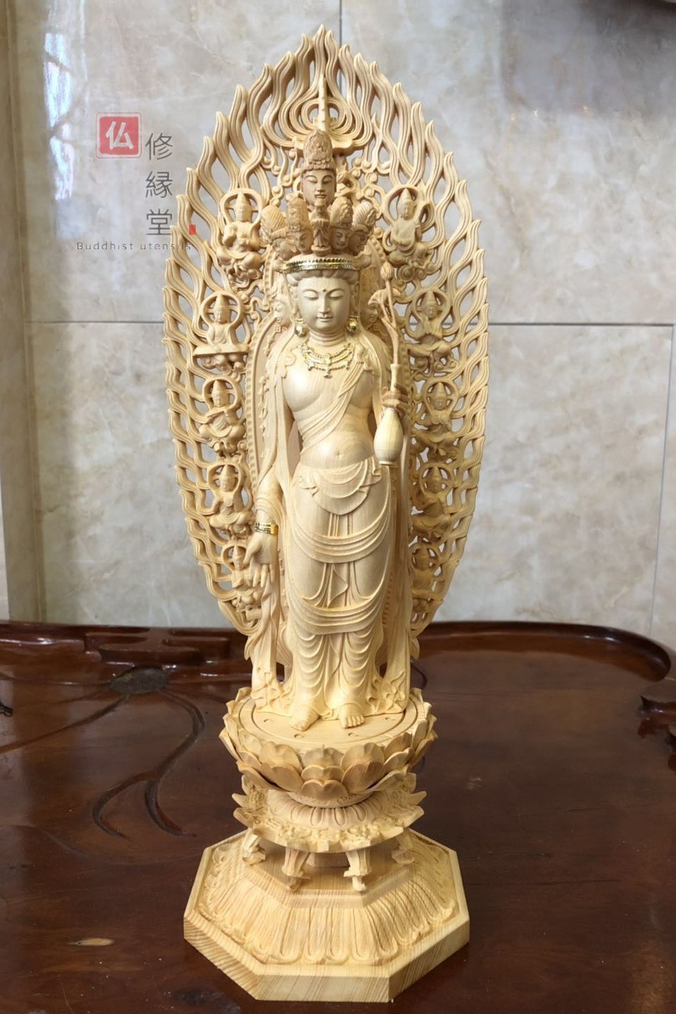 修縁堂】最高級 木彫り 仏像 十一面観音菩薩立像 彫刻 本金 切金 天然 