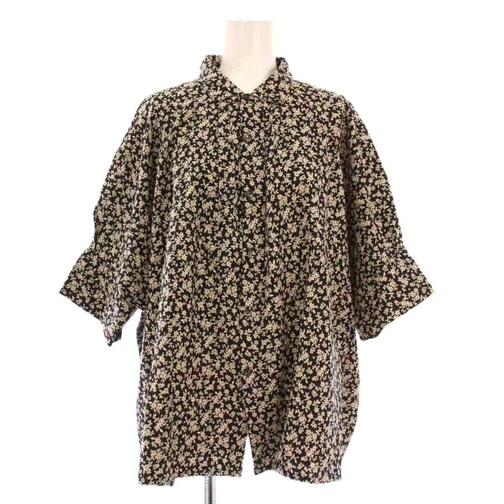 ヌーベルドゥパラディ NOUVELLES DU PARADIS 綿麻フラワープリントワイドブラウス シャツ 半袖 レギュラー 花柄 38 ベージュ 黒 ブラック PB23116 BB