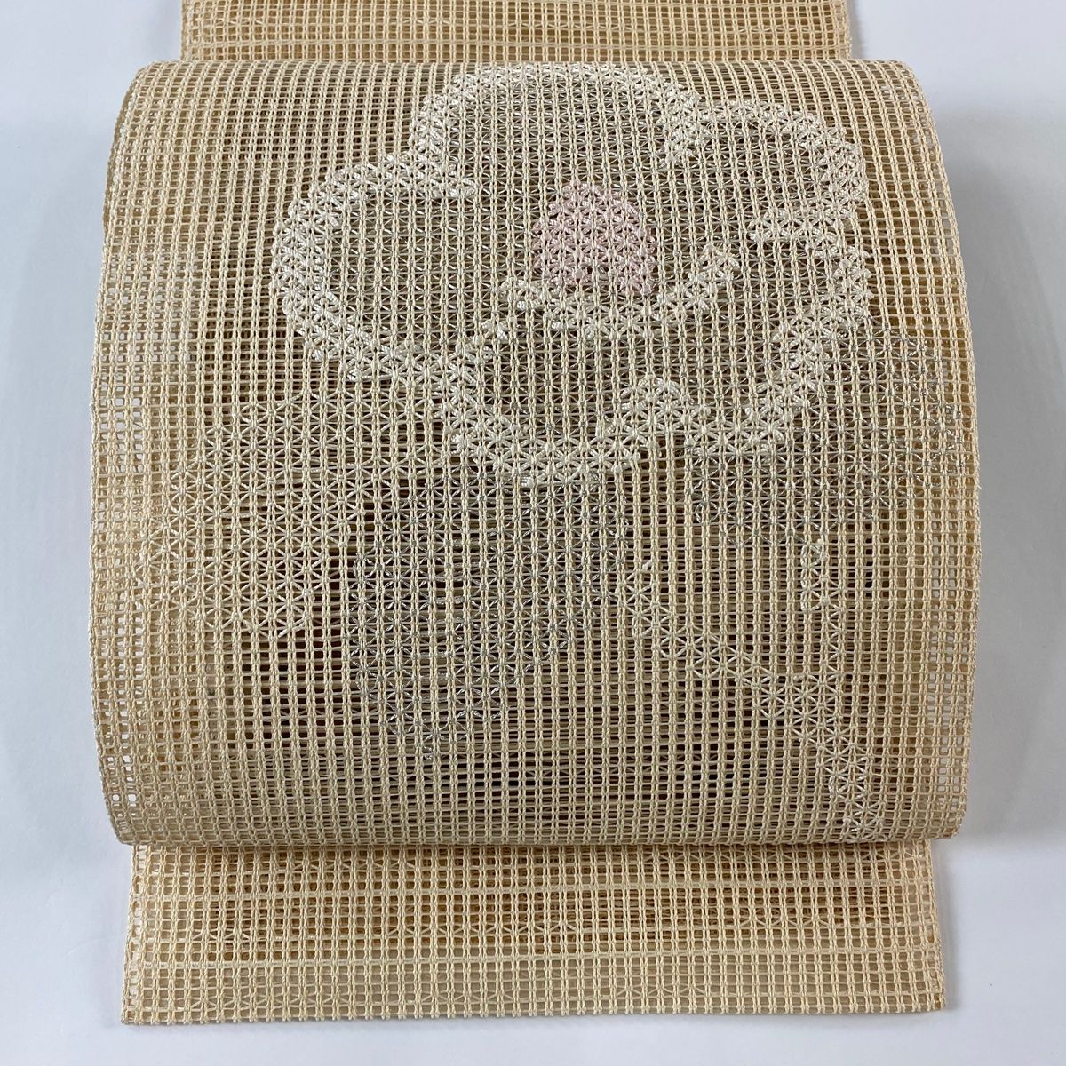 名古屋帯 秀品 夏帯 羅 八寸名古屋帯 松葉仕立て 椿 銀糸