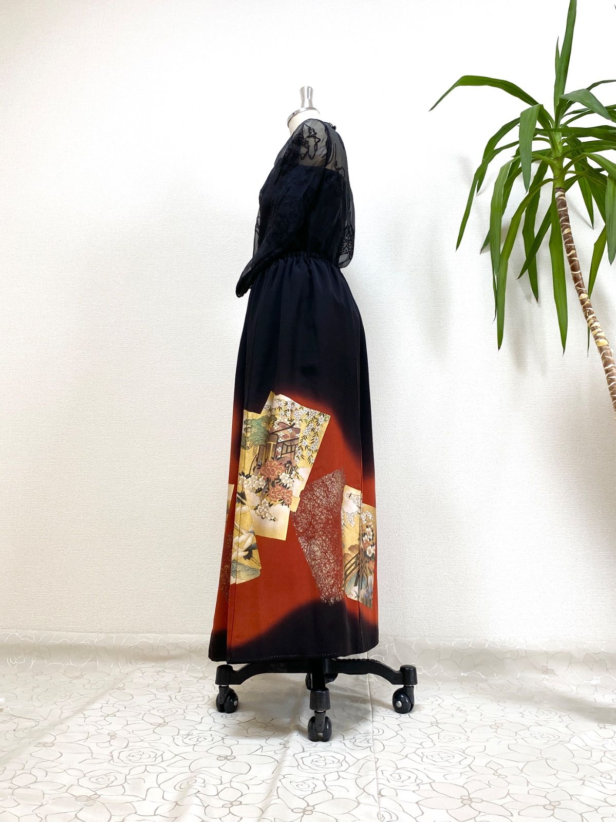 セレブ着物スカートフリーサイズ黒留袖着物リメイクウエストゴムロングスカート