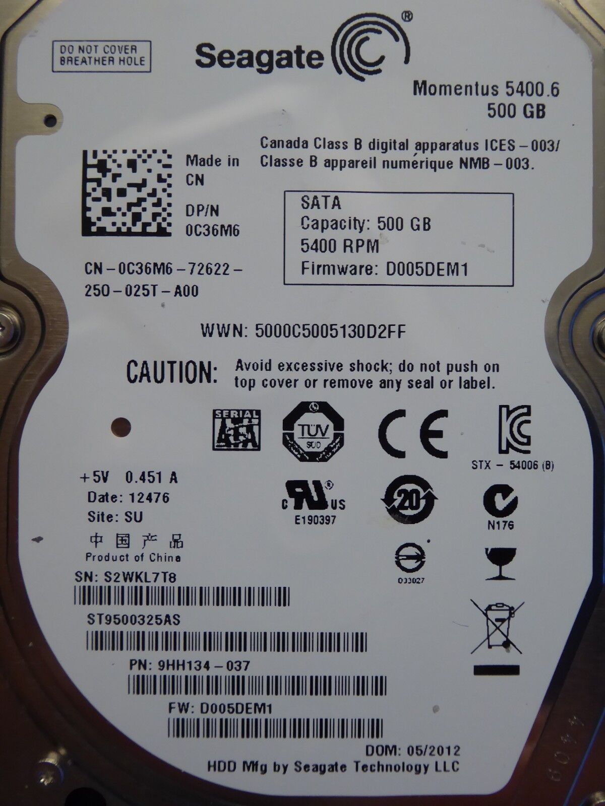 シーゲイト ST9500325AS | S2W |品番: 9HH134-037 | FW: D005DEM1 |スー | 500GB #52