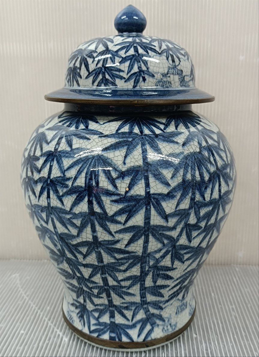 骨董品 永樂年製 陶器／銅縁巻 蓋付き壺 径19cm高さ27cm - Resale