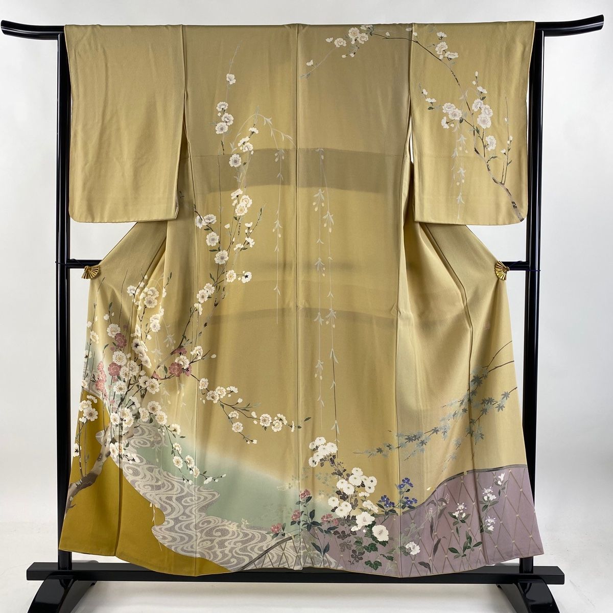 訪問着 身丈155.5cm 裄丈64cm M 袷 落款 桜 流水 ぼかし 薄黄土色 正絹 名品